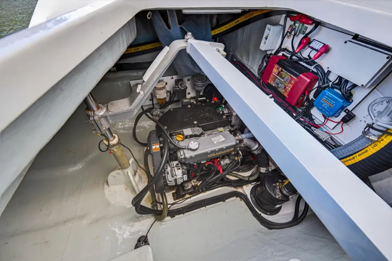  Yacht Photos Pics Engine compartment of a 2019 Leopard 45 catamaran, showcasing mechanical and electrical components.