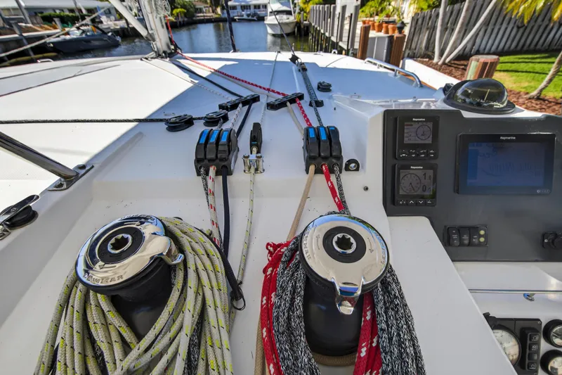  Yacht Photos Pics Leopard 45 yacht deck with winches and navigation instruments, 2019 model.