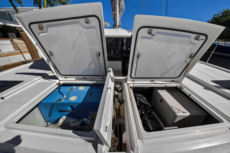  Yacht Photos Pics Open storage compartments on a 2019 Leopard 45 catamaran deck.