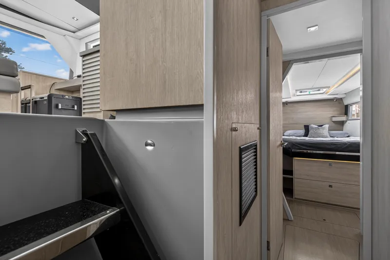  Yacht Photos Pics Interior of 2019 Leopard 45 yacht featuring modern cabin and sleek design elements.