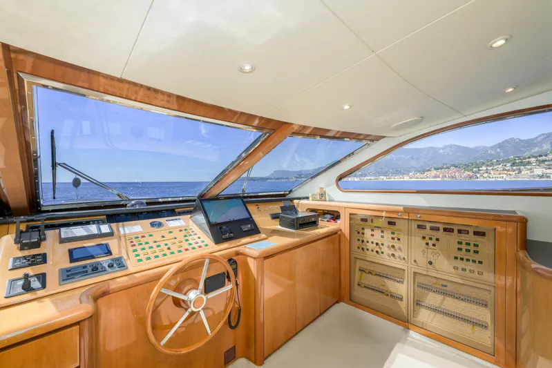  Yacht Photos Pics Luxurious 1999 Falcon Yachts 86 cockpit with panoramic sea and mountain views.