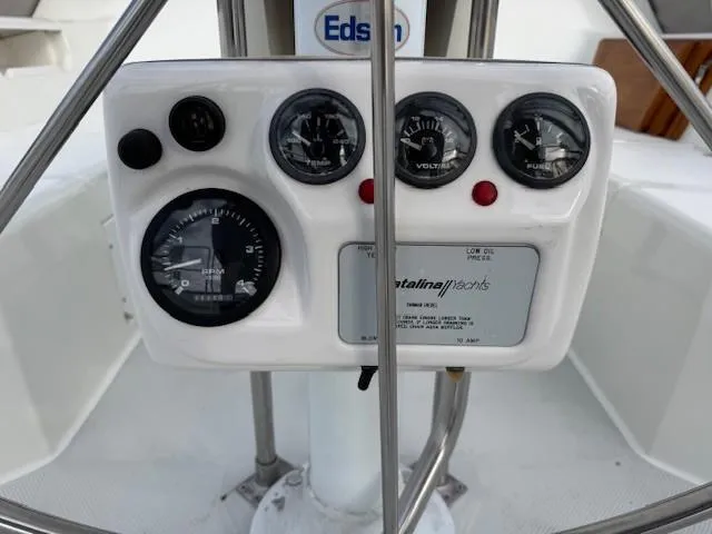 Maxwell Yacht Photos Pics Control panel of a 2001 Catalina 42 MkII sailboat with gauges and indicators.