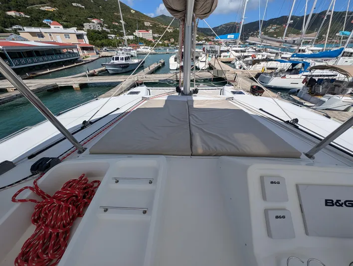 Southern Charm Yacht Photos Pics Lagoon 450 F catamaran deck view, docked at marina, 2015 model.
