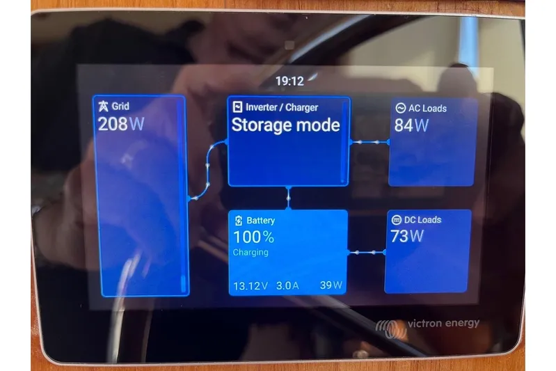 Venture 1 Yacht Photos Pics Victron Energy display showing power distribution on 1985 Tollycraft 43 boat.