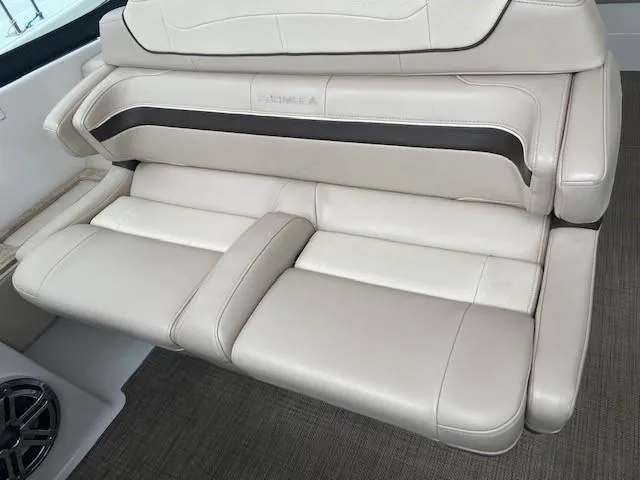  Yacht Photos Pics 2017 Formula 350 Sun Sport boat interior seating with beige leather upholstery.