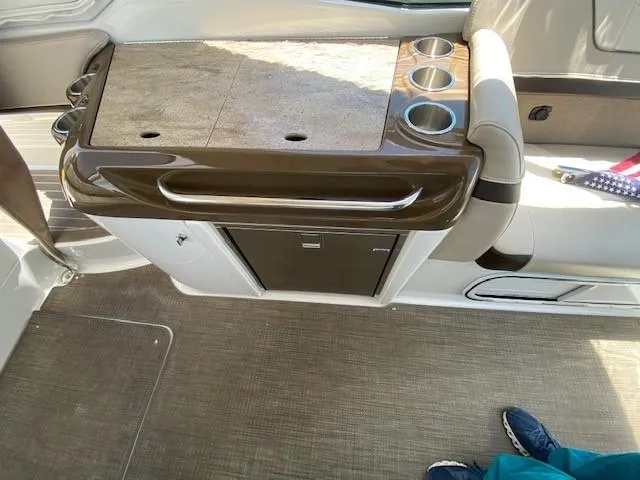  Yacht Photos Pics 2017 Formula 350 Sun Sport boat interior with countertop and cup holders.