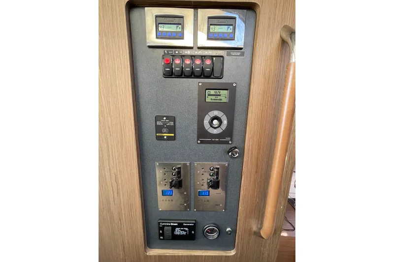  Yacht Photos Pics Control panel of 2018 Benetau Gran Turismo 40 yacht with digital displays and switches.