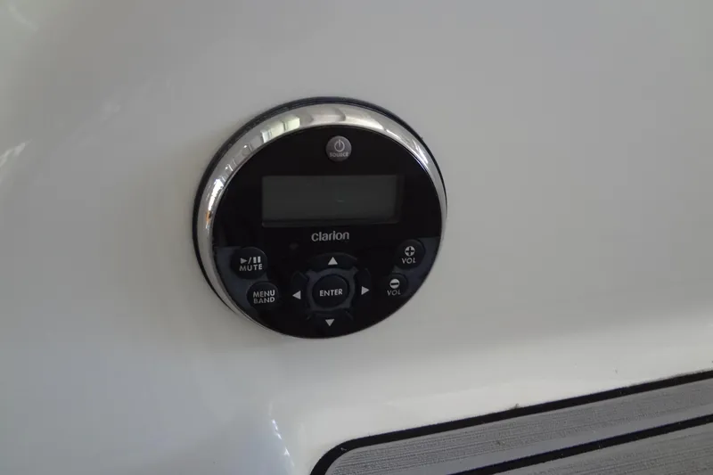 Double Double Yacht Photos Pics Control panel of a 2019 Formula 400 Super Sport boat, featuring Clarion audio system.