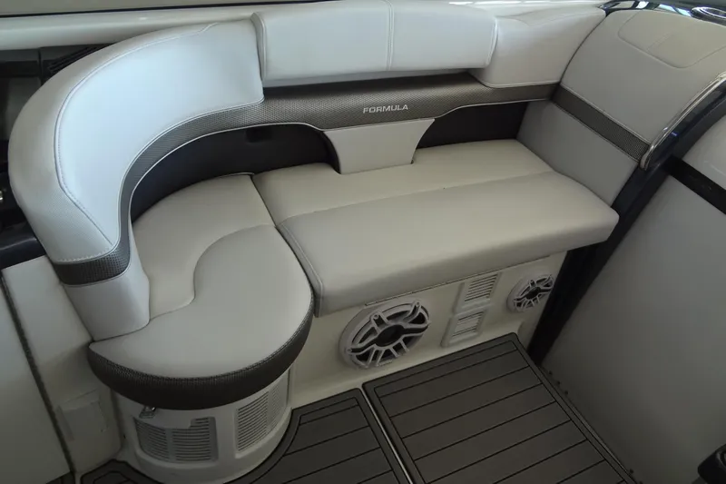 Double Double Yacht Photos Pics 2019 Formula 400 Super Sport boat interior seating with speakers and modern design.