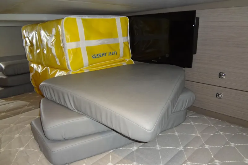 Double Double Yacht Photos Pics Cushions and safety gear inside a 2019 Formula 400 Super Sport cabin.