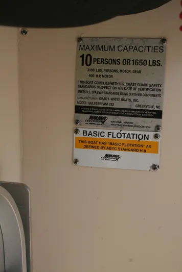 Monkey King Yacht Photos Pics 2021 Grady-White 232 Gulfstream capacity plate, 10 persons or 1650 lbs, basic flotation.