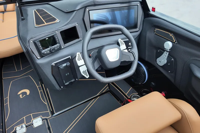  Yacht Photos Pics 2025 Centurion Fe23 boat interior with modern dashboard and steering wheel design.