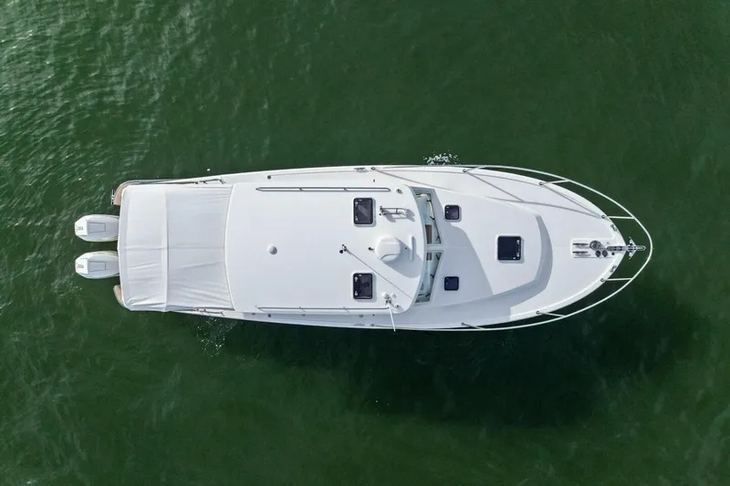  Yacht Photos Pics Overhead view of 2025 MJM 35 boat on green water.