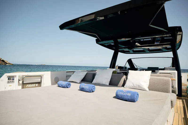  Yacht Photos Pics Luxurious 2018 Fjord 52 Open yacht with sunbathing area and ocean view.