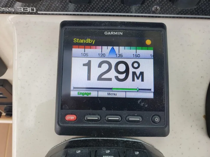 Rising Sun Yacht Photos Pics Garmin display on 2018 Grady-White Express 330 showing 129 meters in standby mode.