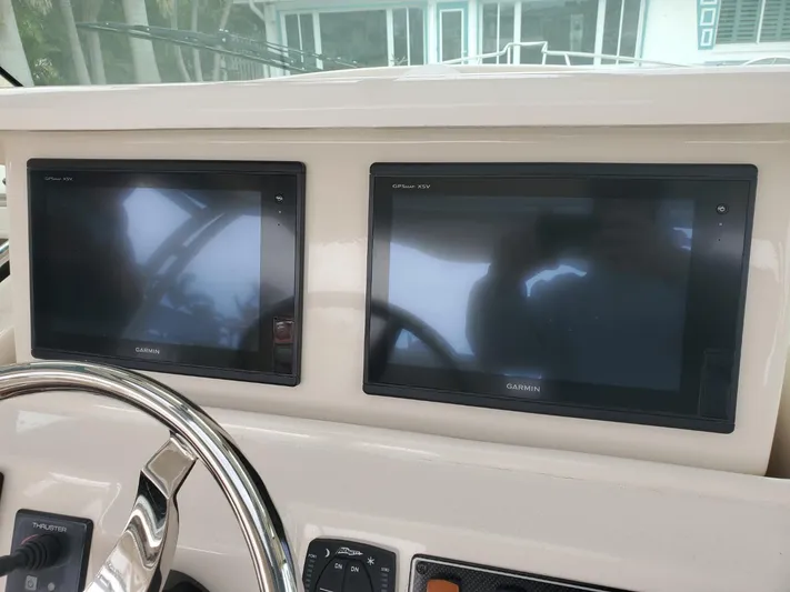 Rising Sun Yacht Photos Pics Dashboard of 2018 Grady-White Express 330 with dual Garmin displays.