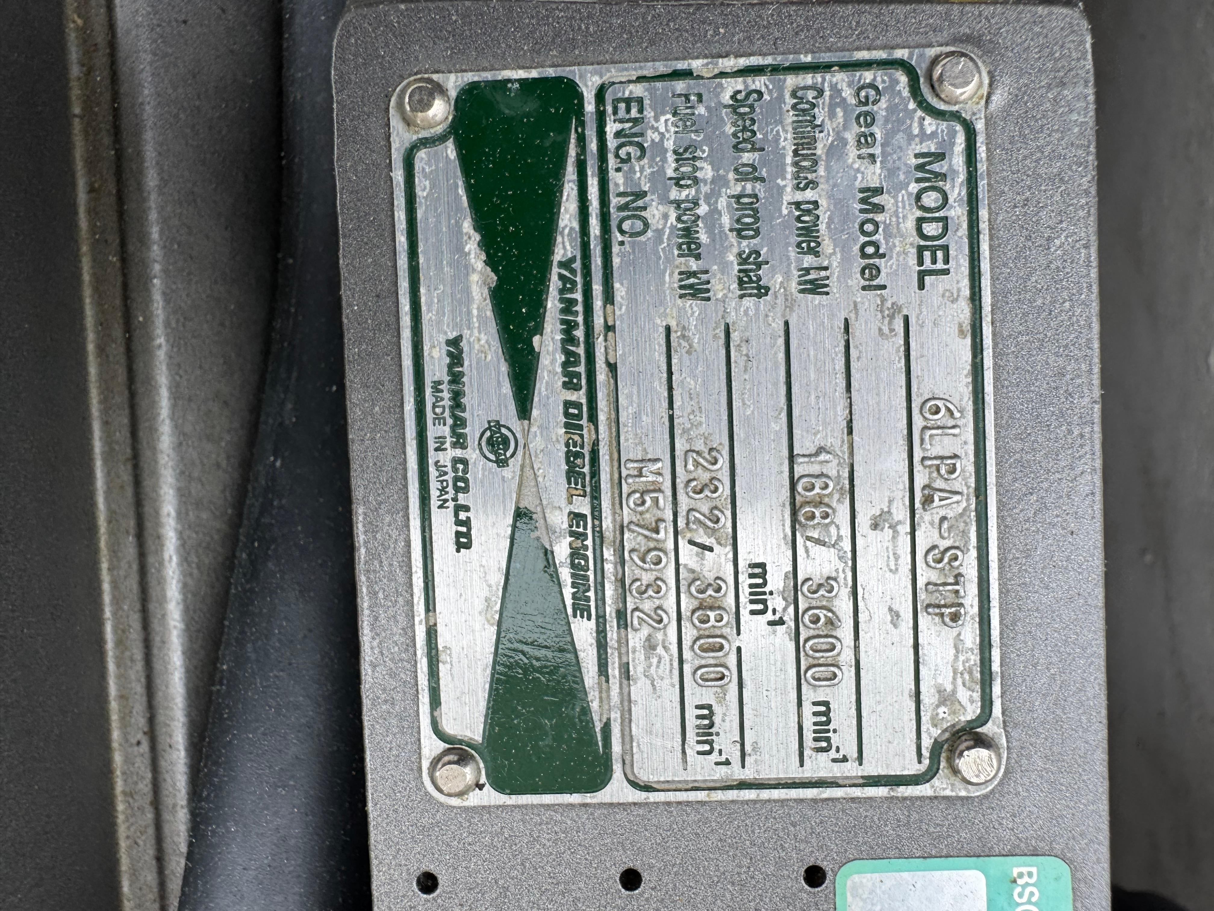 Plaque of Yanmar diesel engine on 1964 Bertram 31 Flybridge Cruiser, model 6LPA-STP.