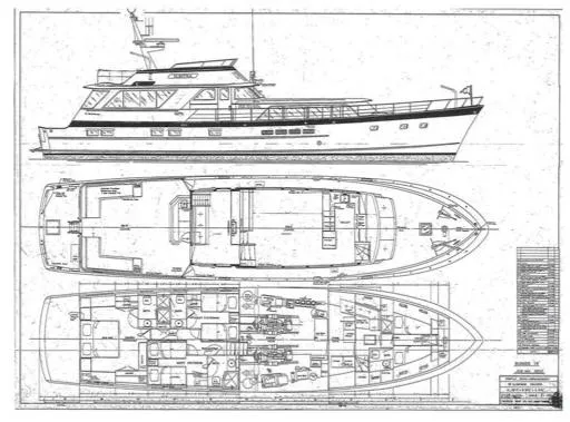 Serenity Yacht Photos Pics Blueprint of 1982 Burger Flybridge yacht, showcasing side and top views with detailed layout.