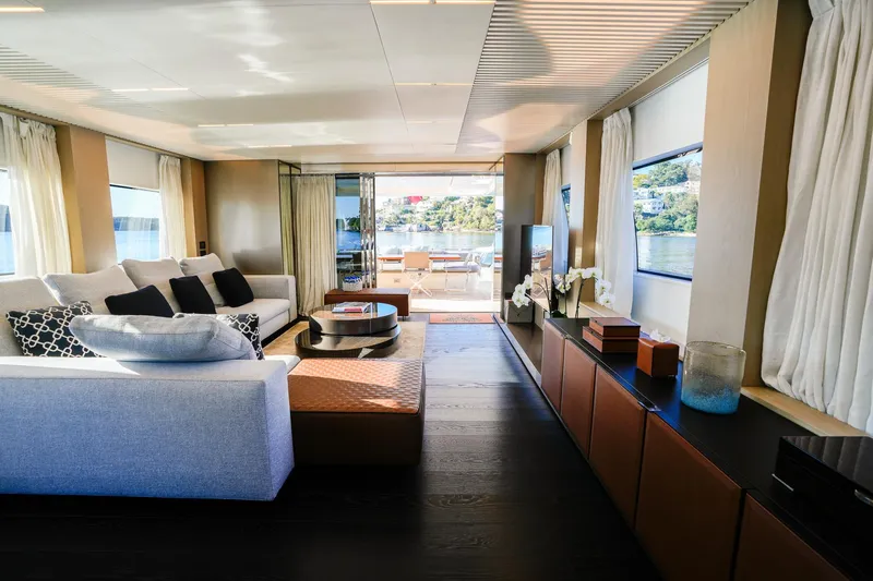 Toro Yacht Photos Pics Luxurious interior of 2017 Ferretti Yachts 850 with elegant furnishings and scenic views.