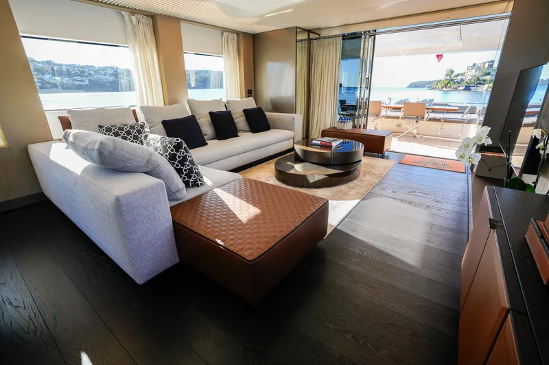 Toro Yacht Photos Pics Luxurious interior of 2017 Ferretti Yachts 850 with elegant seating and ocean view.