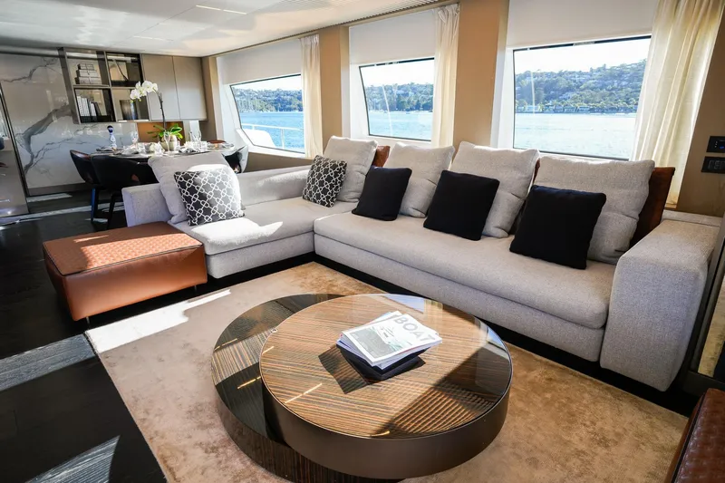 Toro Yacht Photos Pics Luxurious interior of 2017 Ferretti Yachts 850 with elegant seating and scenic views.