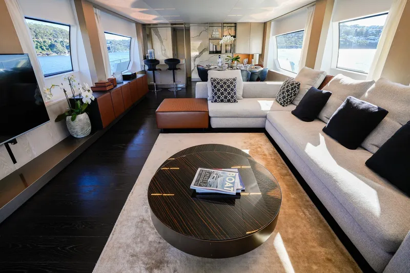 Toro Yacht Photos Pics Luxurious interior of 2017 Ferretti Yachts 850 with elegant seating and modern decor.