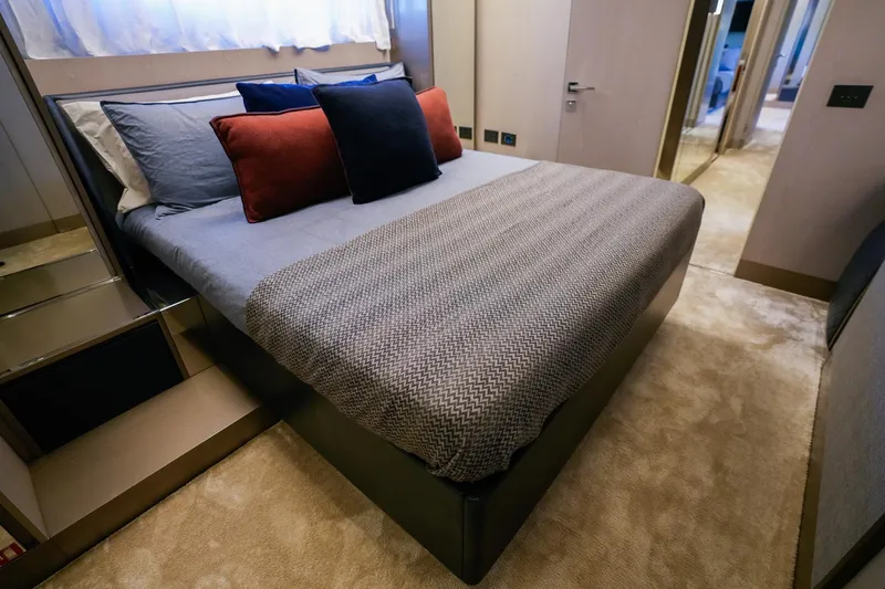 Toro Yacht Photos Pics Luxurious bedroom interior on a 2017 Ferretti Yachts 850, featuring elegant bedding and decor.