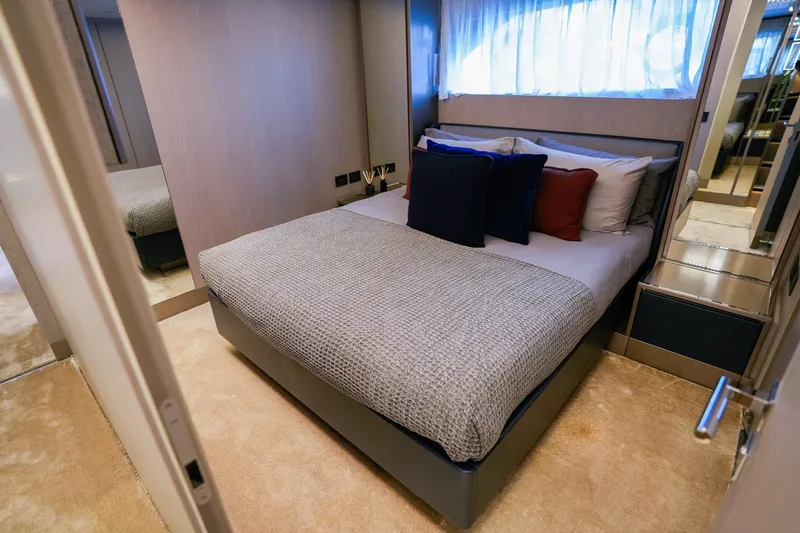 Toro Yacht Photos Pics Luxurious bedroom interior of 2017 Ferretti Yachts 850 with elegant bedding and decor.