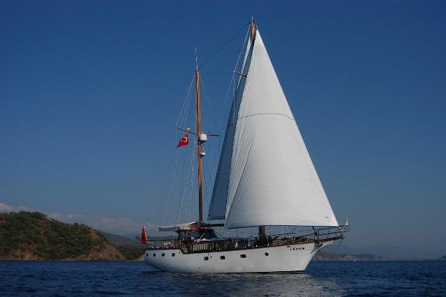 Custom 2006 sailboat with white sails on calm blue sea, clear sky background.