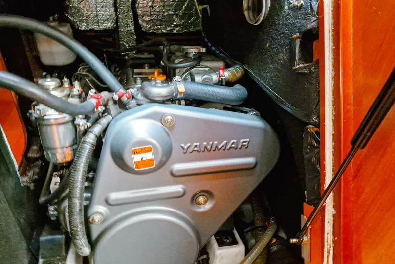  Yacht Photos Pics Engine compartment of a 2007 Beneteau 46 sailboat with Yanmar engine.