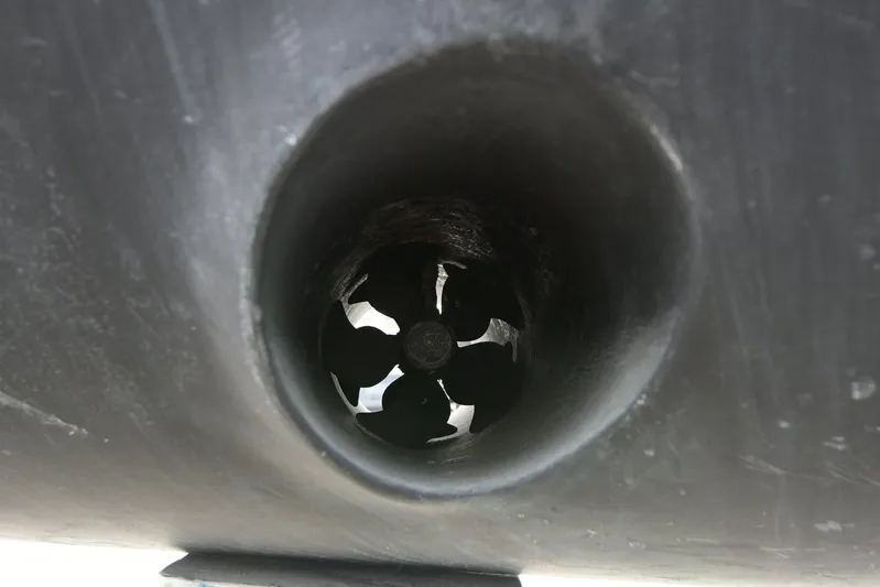 Makasi Yacht Photos Pics Close-up of a 2008 Tartan 4100 boat's bow thruster propeller.