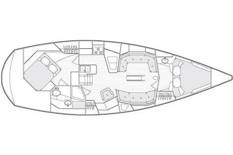Makasi Yacht Photos Pics Floor plan of a 2008 Tartan 4100 sailboat, featuring cabins and living areas.