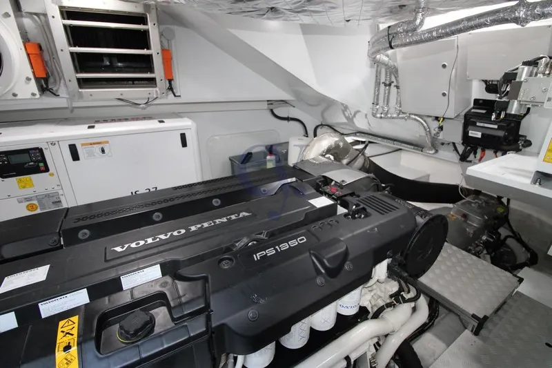 L Yacht Photos Pics Engine room of 2024 Arcadia Yachts Sherpa 80XL with Volvo Penta IPS1350 engine.
