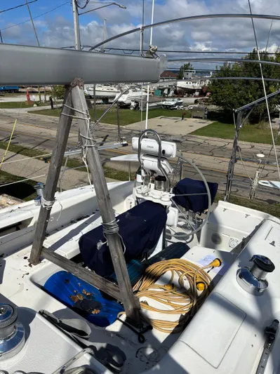 Renaissance Yacht Photos Pics Deck of a 2000 Catalina 380 sailboat with equipment and coiled rope.