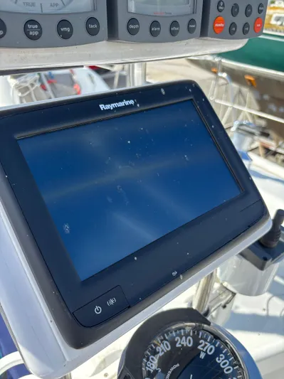 Renaissance Yacht Photos Pics Raymarine navigation display on a 2000 Catalina 380 sailboat cockpit.