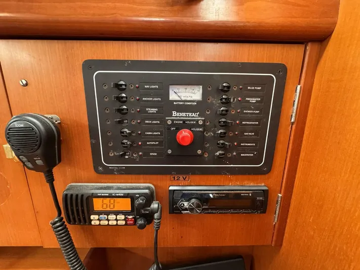  Yacht Photos Pics Control panel of a 2006 Beneteau 373 sailboat with radio and switches.