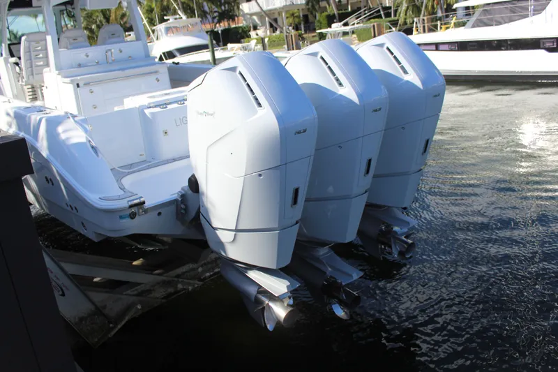  Yacht Photos Pics Three outboard engines on a 2023 HCB 42 Lujo boat.