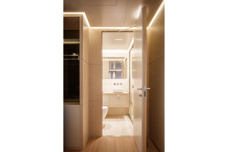 Tolemai Yacht Photos Pics Modern bathroom interior on 2023 Sanlorenzo XSP202 yacht, featuring sleek design and ambient lighting.