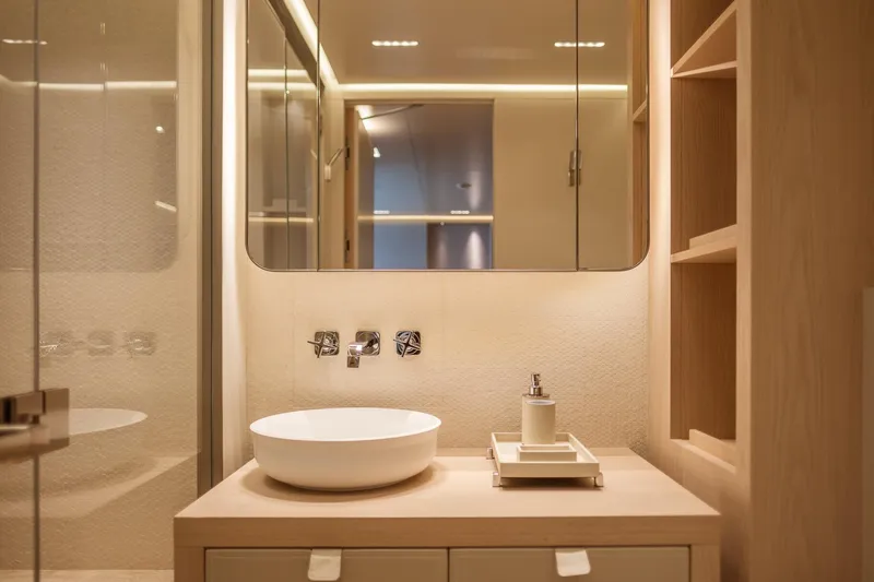 Tolemai Yacht Photos Pics Modern bathroom interior on Sanlorenzo XSP202 yacht, featuring sleek design and elegant fixtures, 2023 model.