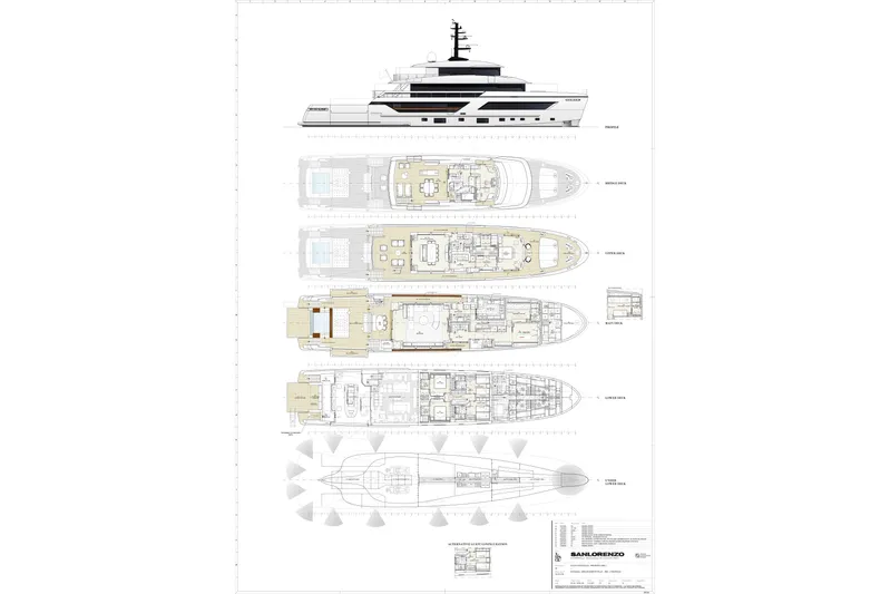 Tolemai Yacht Photos Pics Blueprint of 2023 Sanlorenzo XSP202 yacht, showcasing detailed deck layouts and side profile.