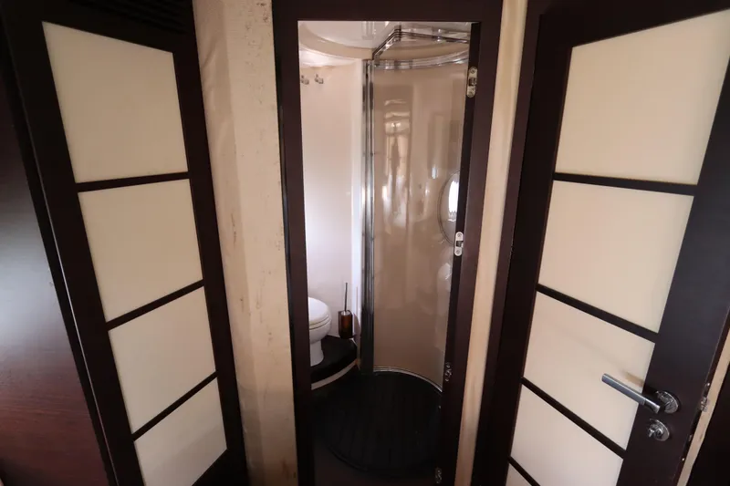  Yacht Photos Pics Bathroom interior of 2007 Azimut 62S yacht with modern design and shower.