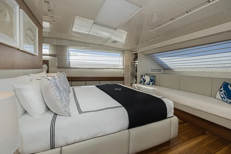 Percal Yacht Photos Pics Luxurious bedroom interior of 2014 Sanlorenzo SL104 yacht with modern design and elegant furnishings.