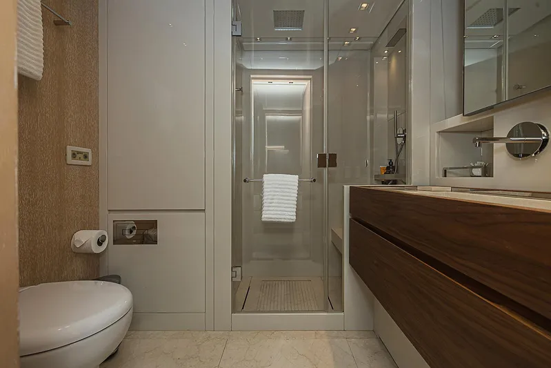 Percal Yacht Photos Pics Luxurious bathroom on 2014 Sanlorenzo SL104 yacht with modern fixtures and elegant design.
