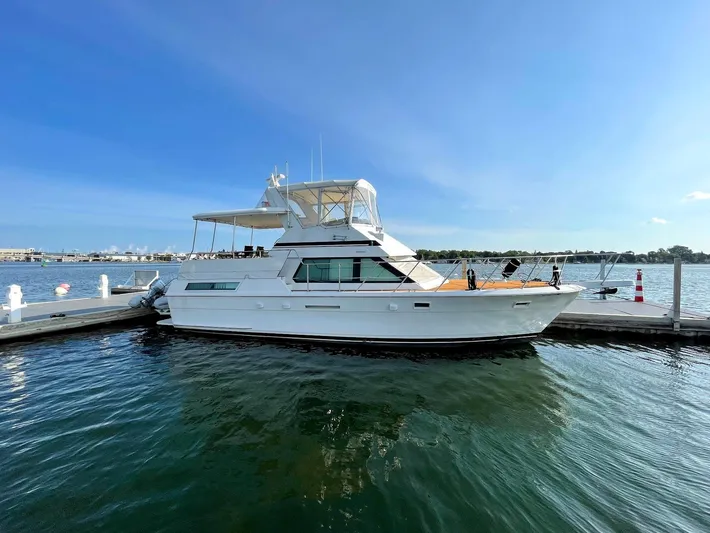  Yacht Photos Pics 1991 Hatteras 40 Motor Yacht docked on calm water under clear blue sky.