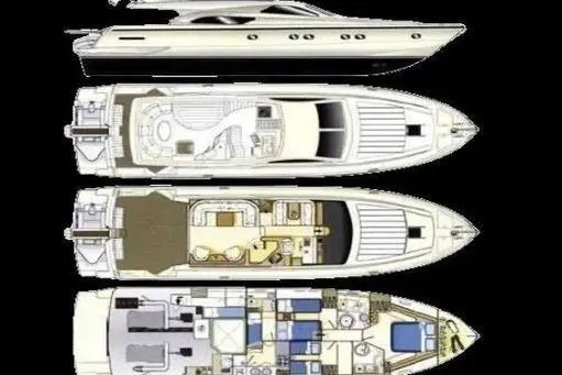  Yacht Photos Pics 2000 Ferretti Yachts 57 layout and design schematics, showcasing multiple deck levels.
