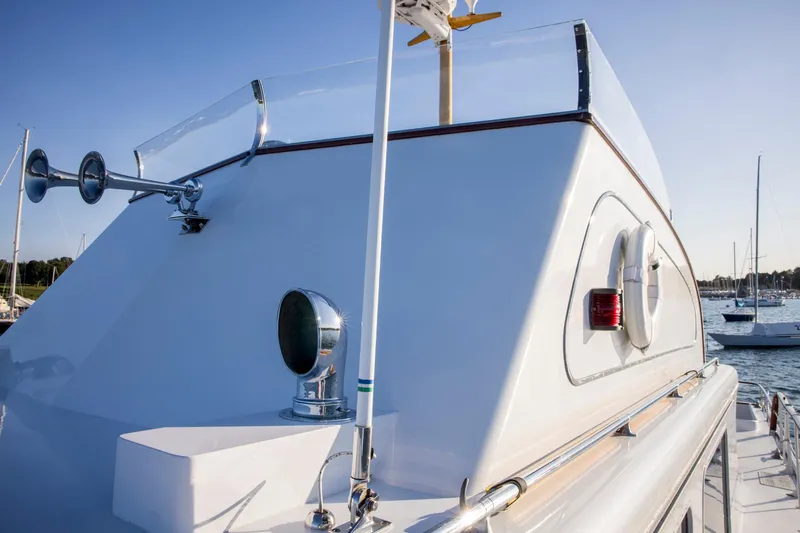 Huckins Yacht Corporation Yacht Photos Pics 1964 Huckins Out Islander 56 yacht, featuring sleek design and nautical equipment.