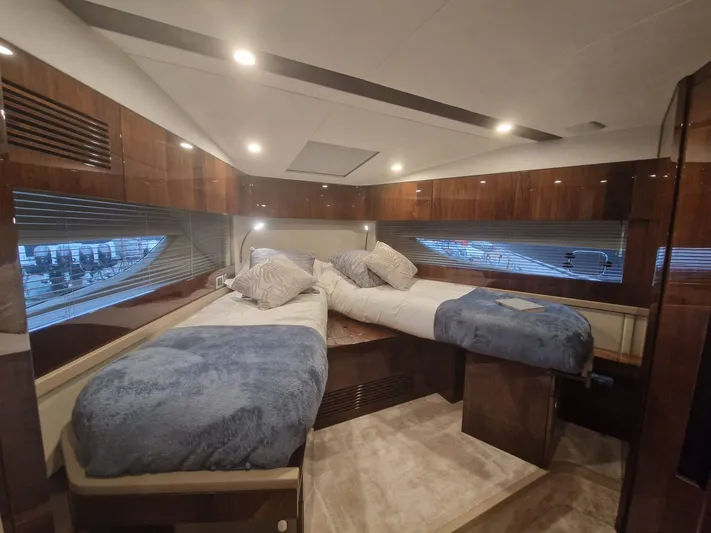 Seakeeper Gyro Yacht Photos Pics Luxurious cabin interior of 2022 Fairline Targa 45 GT yacht with twin beds.