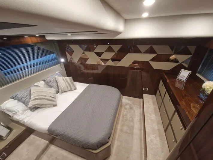 Seakeeper Gyro Yacht Photos Pics Luxurious cabin interior of 2022 Fairline Targa 45 GT yacht with modern decor.