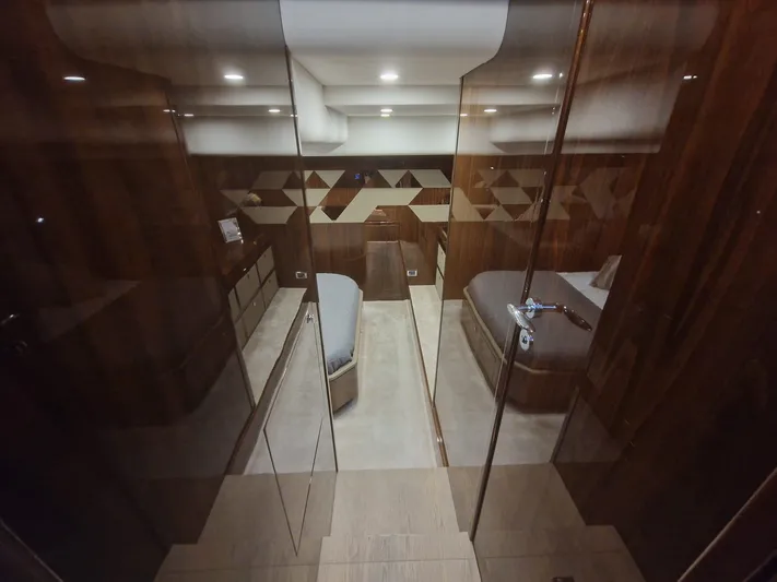 Seakeeper Gyro Yacht Photos Pics Luxurious interior of 2022 Fairline Targa 45 GT yacht with modern wood finish.