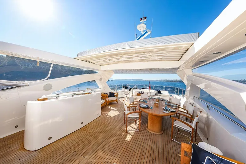 Frivolous Yacht Photos Pics Luxurious 2009 Sunseeker 34 Metre Yacht with spacious deck and elegant dining area.